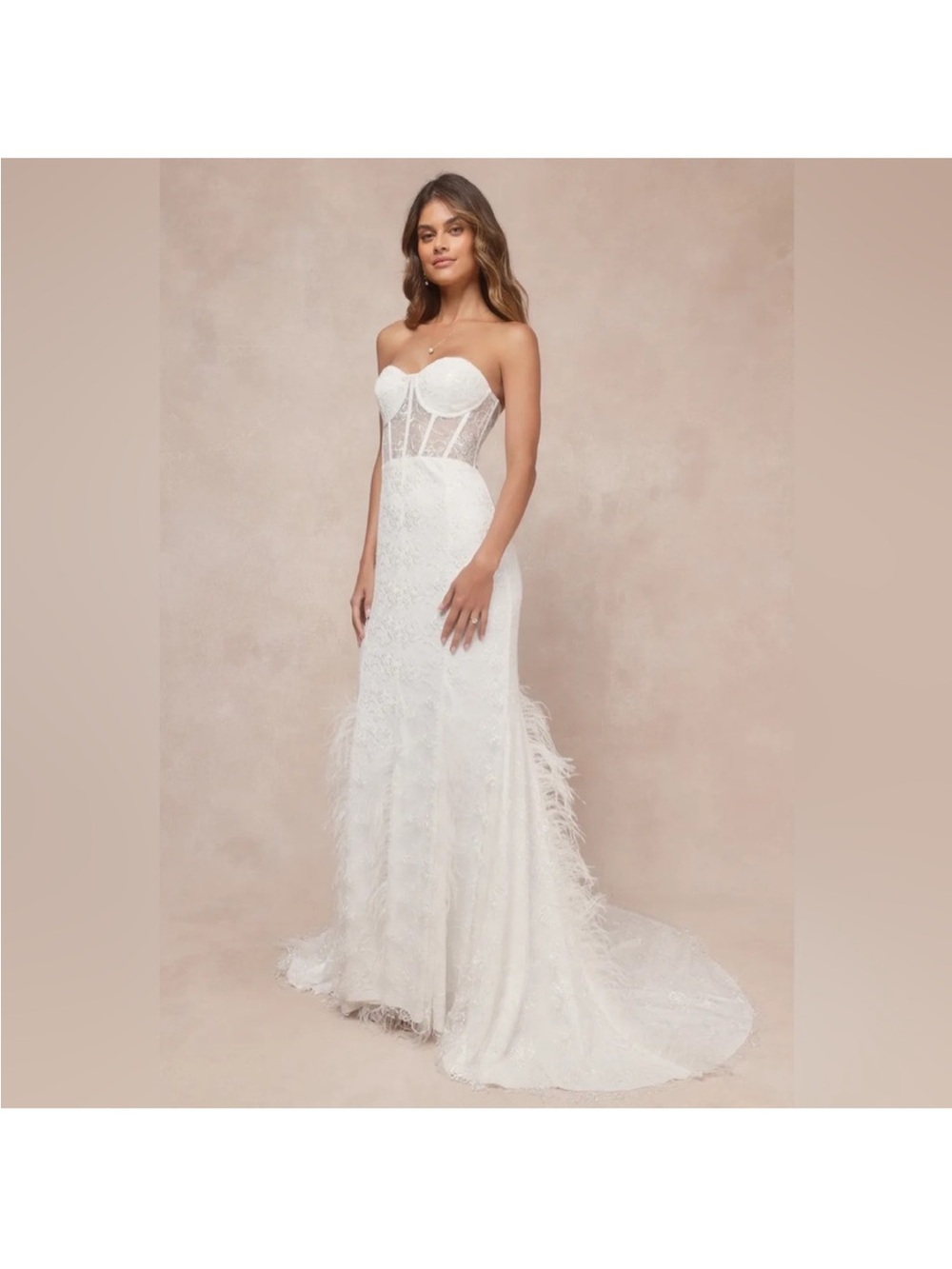 Lulu's White Lace Strapless Bridal Chemise with Feather Hem